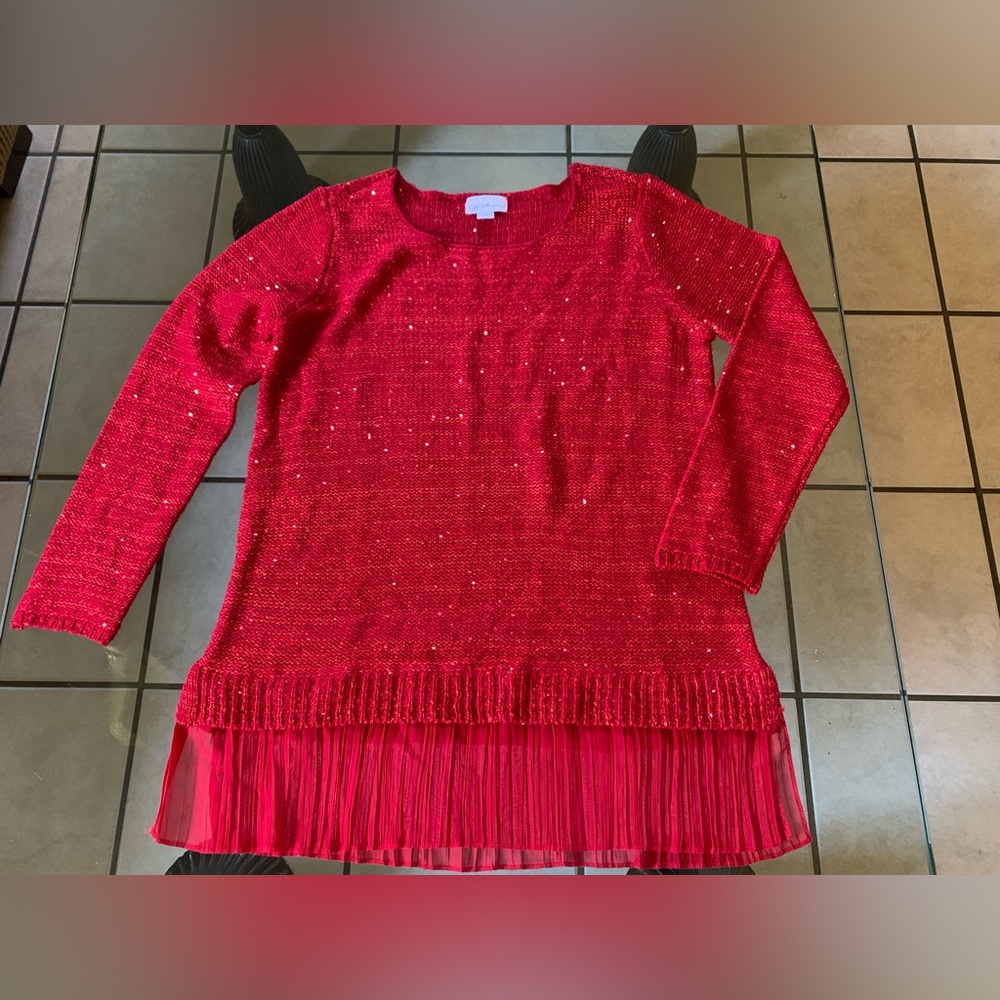 Jaclyn Smith Red Sequin Knit Sweater with Pleated Hem